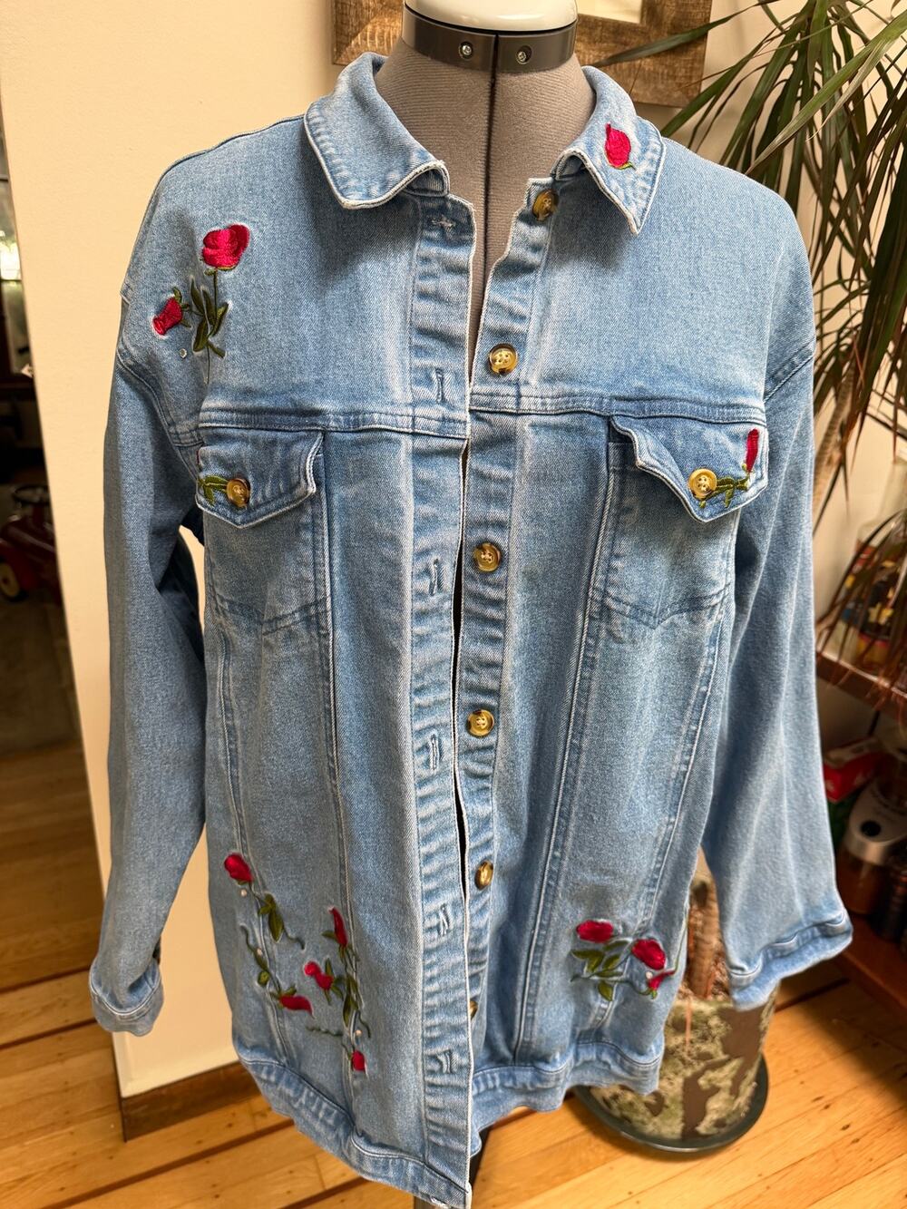 Vintage Quacker Factory Red Rose Embroidered Rhinestone Jean Jacket L